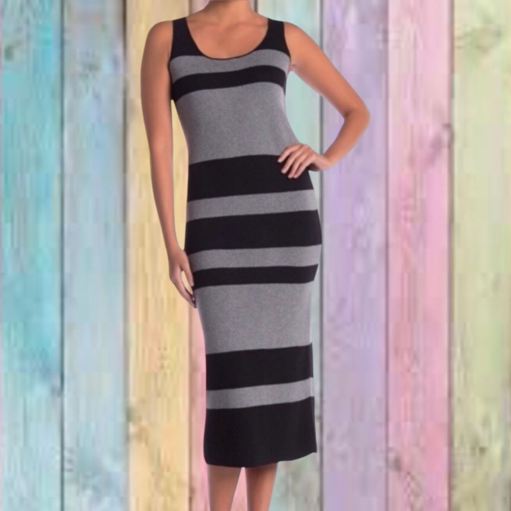 Catherine Malandrino Black Gray Stripe Midi Knit Sleeveless Dress